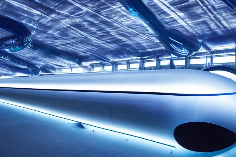 Prompt: transparent long dark blue plastic hyperloop architecture concept by zaha hadid, space capsule glowing in the dark, dark moody monochrome colors,