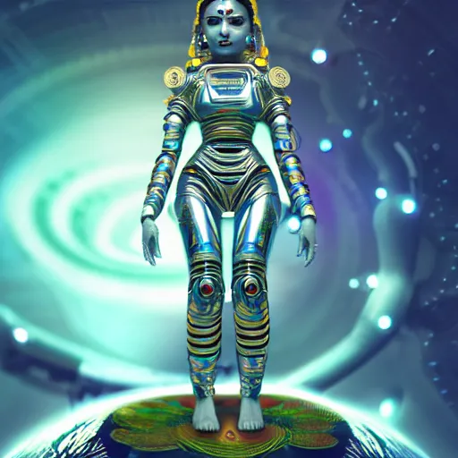 Image similar to Futuristic laxmi Indian Goddess in a robot spacesuit, sci-fi, fantasy, intricate, beautiful, elegant, attractive, indian goddess of wealth, highly detailed, digital painting, artstation, masterpiece, concept art, Four Hands, sitting on a Lotus, smooth, sharp focus, unreal engine 5, WLOP, Octane render, Symmetric, art by artgerm, hajime sorayama, William-Adolphe Bouguereau