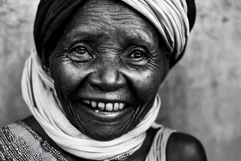 Image similar to still photo of a old african woman smiling at the camera on the street, black and white color aesthetic, highly detailed, photorealistic portrait, bright studio setting, studio lighting, crisp quality and light reflections, unreal engine 5 quality render