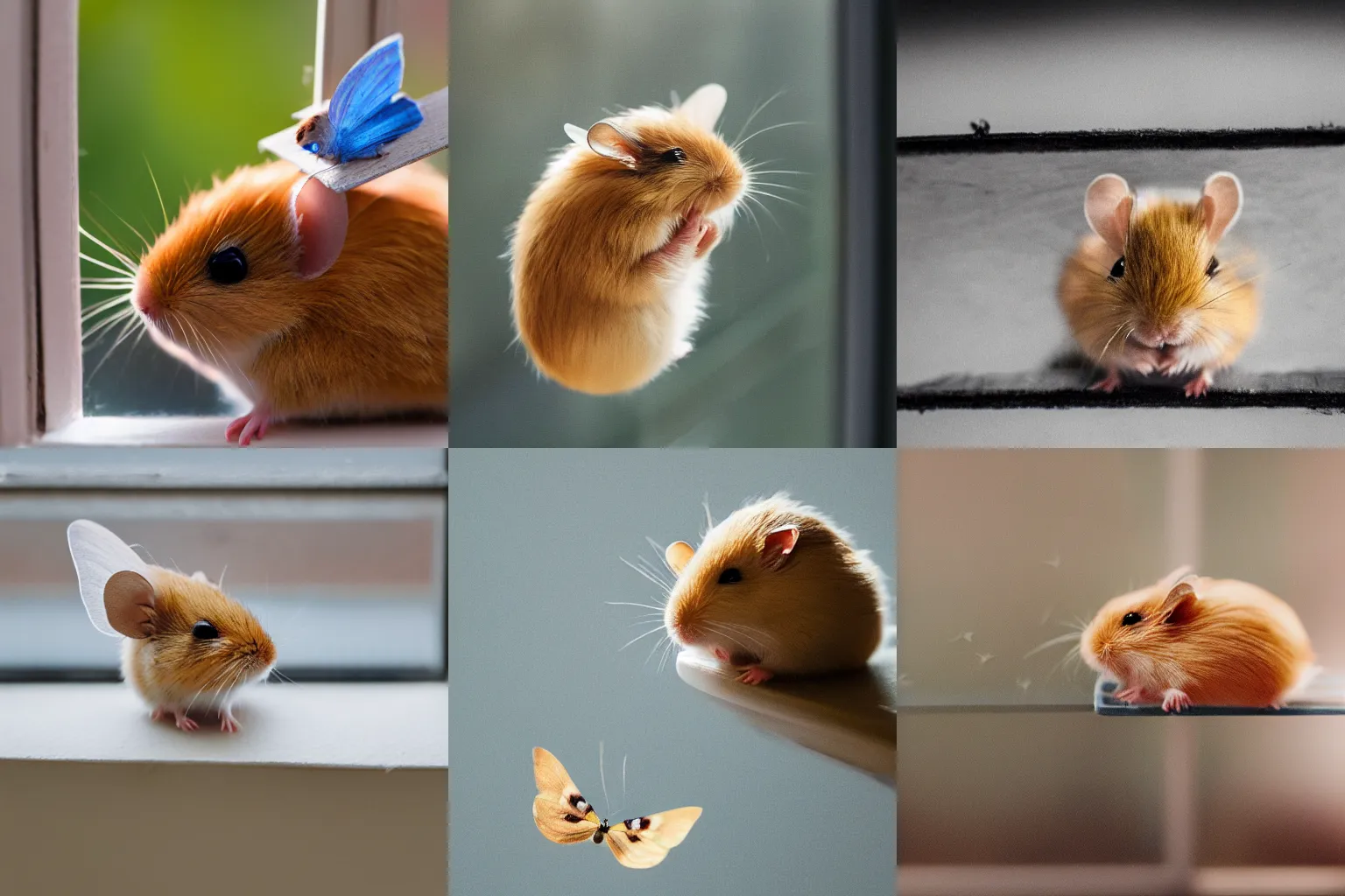 Prompt: | very tiny butterfly on head | A 4k photo of a cute blonde hamster sleeping on a window with a tiny butterfly on his head in a summer day