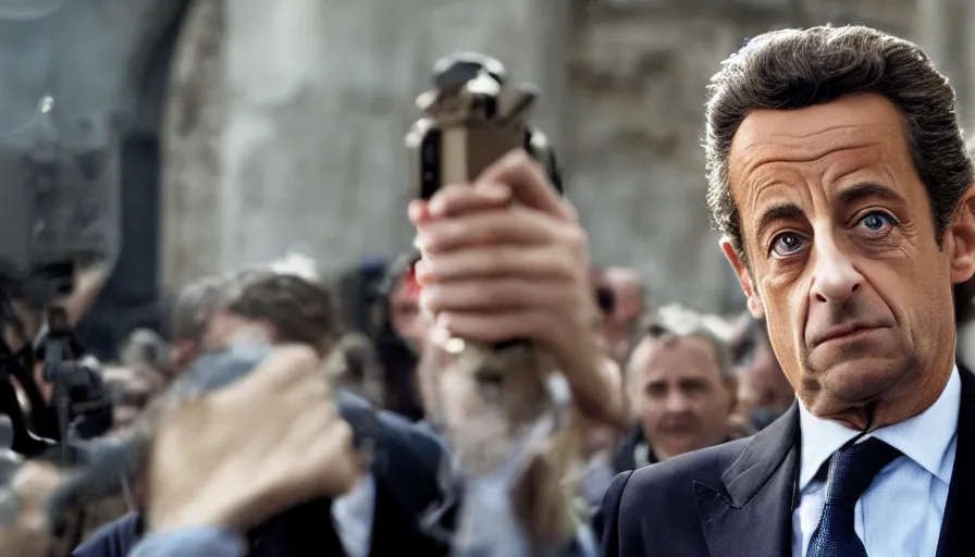 Image similar to hyper-realistic and anamorphic 2010s movie still of Nicolas Sarkozy, by Paolo Sorrentino, Leica SL2 30mm, beautiful color, high quality, high textured, lens flare