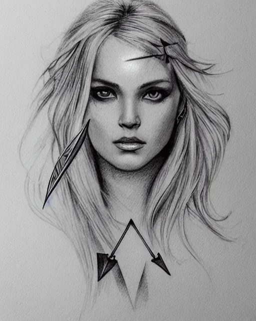 Image similar to tattoo sketch of beautiful greek goddess aphrodite with arrowhead earrings, beautiful piercing eyes, flowing blonde hair, realistic face, hyper realistic, in the style of greg rutkowski, fantasy, amazing detail, epic, intricate, elegant, smooth, sharp focus