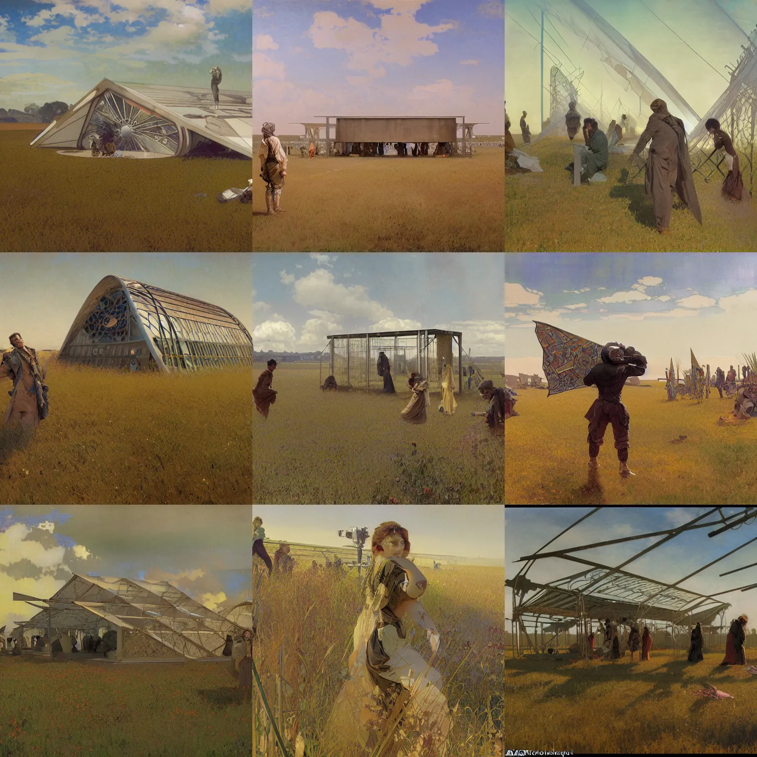 Image similar to hyper-realistic illustration of long shot of a small brutalist utility structure in the middle of a large field, by alfons mucha le pater, art nouveau, Craig Mullins, Jules Louis Machard, Pierre-Narcisse Guérin, Carl Schweninger, Jr., asymmetry