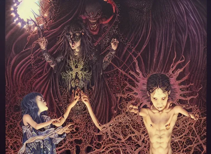 Prompt: realistic detailed image of a children performing an occult ritual at the cemetary, imps and demons lurking in the shadows by Ayami Kojima, Amano, Karol Bak, Greg Hildebrandt, and Mark Brooks, Neo-Gothic, gothic, rich deep colors. art by Takato Yamamoto. masterpiece. from 2021 movie by Terrence Malick and Gaspar Noe