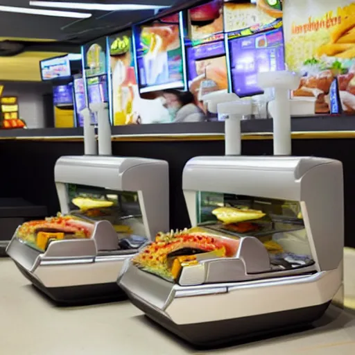 Prompt: futuristic fast food store robots
