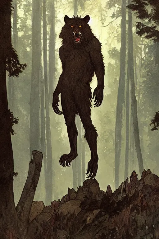 Prompt: fullbody portrait of a male werewolf, bared teeth, long claws, by greg rutkowski and alphonse mucha, gradient brown to silver, in front of a forest at night background, highly detailed, digital painting, artstation, concept art, smooth, sharp focus illustration