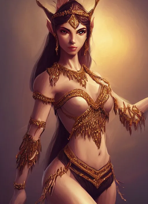 Image similar to a highly detailed illustration of an elegant elf arabian dancer, gracefully belly dancing pose, intricate, elegant, highly detailed, centered, digital painting, artstation, concept art, smooth, sharp focus, league of legends concept art, WLOP