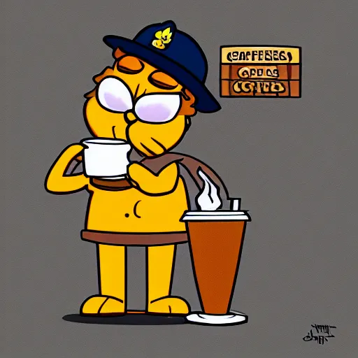 Prompt: garfield dressed as a policeman drinking a cup of coffee in a small town, digital art