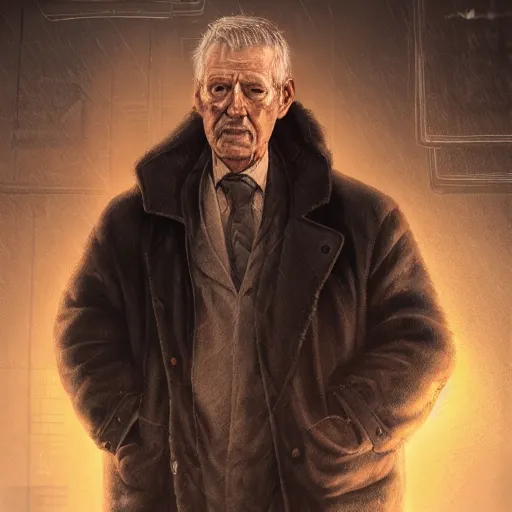 Image similar to elderly werner hertzog, hyperrealistic portrait, bladerunner street, disco elysium style, photo realistic, dynamic lighting, artstation, poster, volumetric lighting, very detailed face, 4 k, award winning