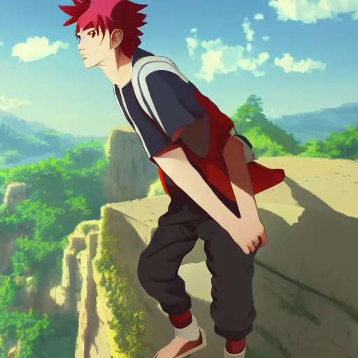 Prompt: red haired teen boy, standing a ledge, konohagakure in the background, leaf village, spring, digital painting, artstation, highly detailed, by makoto shinkai and thomas kindle and James gilleard