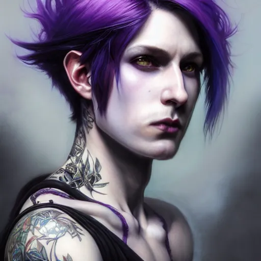 Prompt: portrait painting of an androgynous fae with shoulder length black and purple hair pale skin wearing a punk clothes, ultra realistic, concept art, intricate details, eerie, highly detailed, photorealistic, octane render, 8 k, unreal engine. art by artgerm and greg rutkowski and magali villeneuve and alphonse mucha