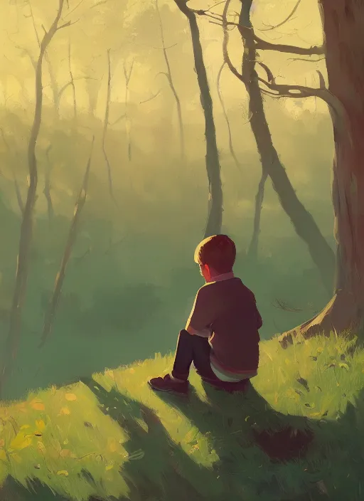 Prompt: impressionistic painting of a boy sitting on a hill in the woods, concept art by atey ghailan, featured on artstation, plein air, official art, 2 d game art, artstation hd, painterly