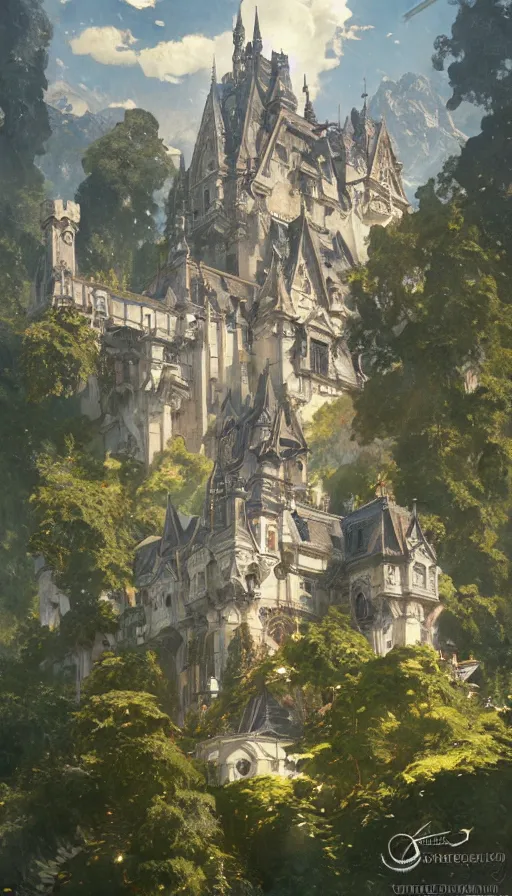 Image similar to castle seen from the sky, cyberpunk, design on white background, beautiful details, lush foliage, drawn by john singer sargent, tom bagshaw, norman rockwell, alphonso mucha, lolish, trending on artstation