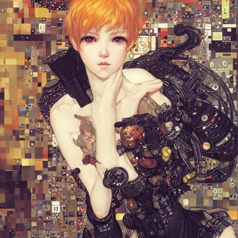 Prompt: portrait of beautiful young cat, cyberpunk, Warhammer, highly detailed, artstation, illustration, art by Gustav Klimt and Range Murata and Ilya Kuvshinov and Sakimichan