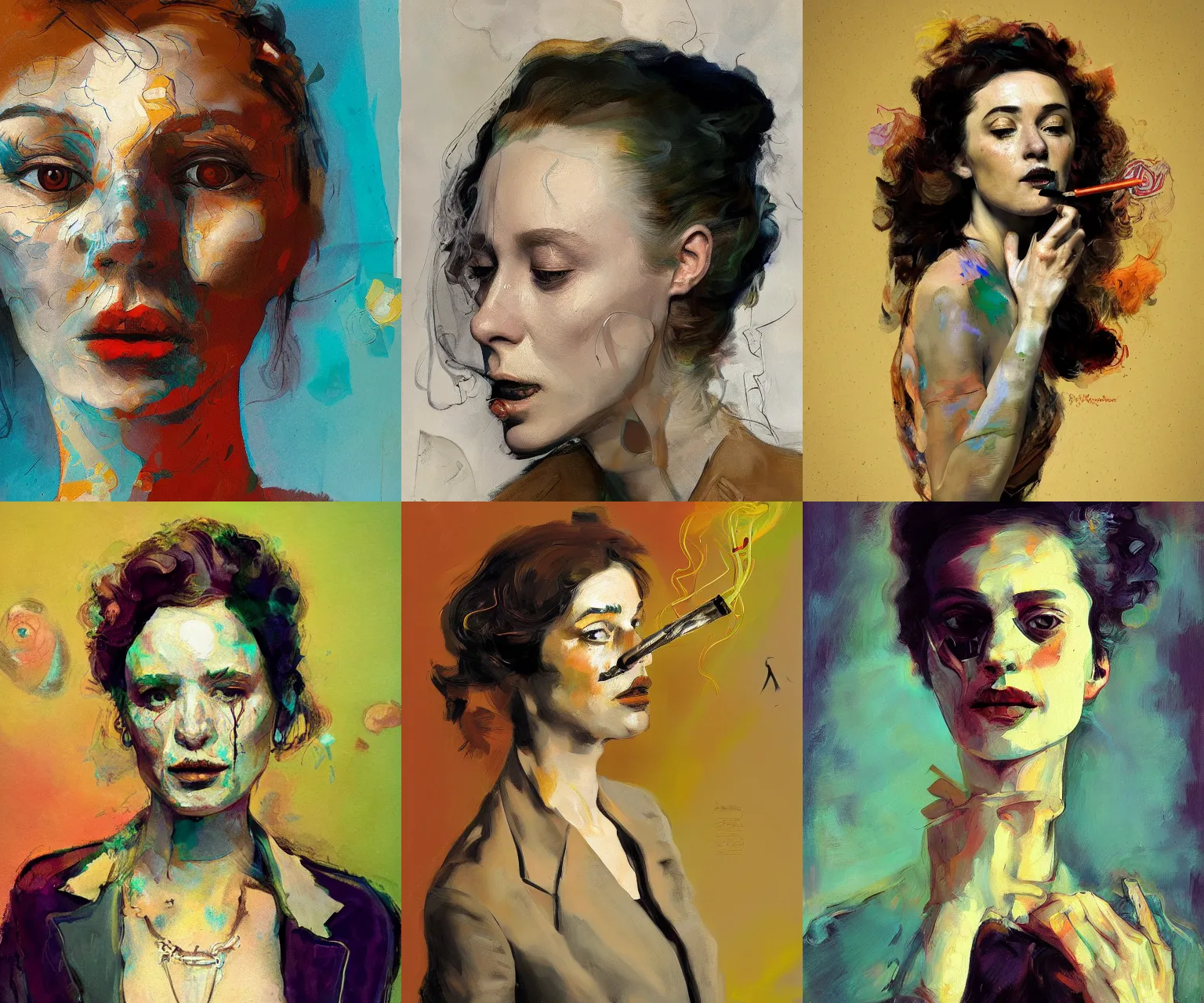 Prompt: portrait of a smoking woman, in the style of disco elysium, expressionism, artstation, trending, by aleksander rostov, jenny saville, rembrandt, alex kanevsky, wassily kandinsky, dave mckean