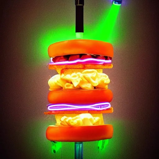 Image similar to an extremely high quality photo of a surreal neon-lightsaber-sandwich, ((sandwich)) creation, a hybrid mixture of lightsabersandwich filled with lightsaber neons and sandwichlightsaberneontube-tomatos, neon tubesauce drizzled, drooping lightsaber lettuce, glowing sandwich, radioactive sandwich, promotional photo, 4k polymer clay food photography