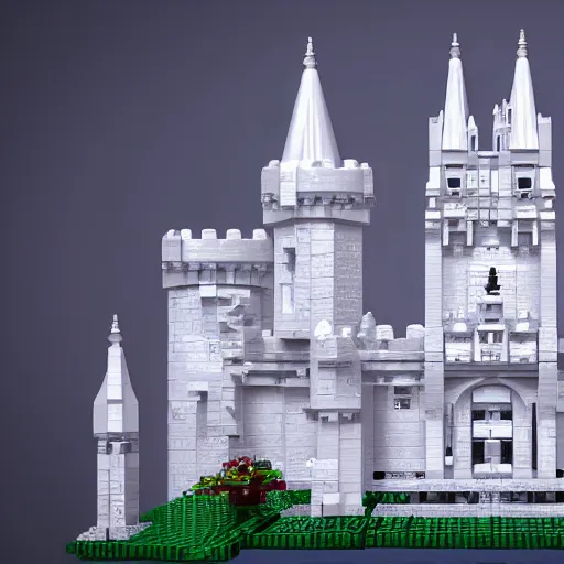 Prompt: an amazing white fantasy castle with towers and spiers, bricks, like white marble and built entirely using lego,, 3 d render, unreal engine trending on artstation, top selection on unsplash.