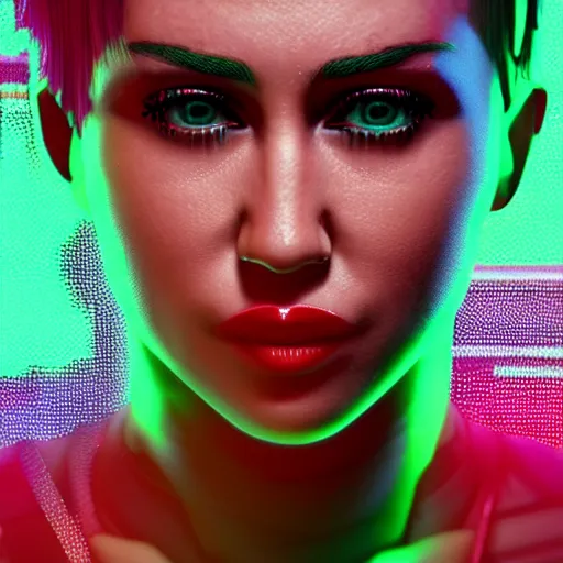 Image similar to miley cyrus portrait, Cyberpunk 2077, photorealistic, ultra detailed, cybernetic head, neon, octane, bokeh, cyber, cyber style, feature, scars, cyberface, 8k