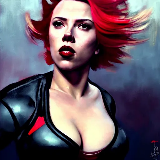 Image similar to greg manchess portrait of scarlett johansson as thick very muscular gothic weightlifter zarya from overwatch with red hair and black lipstick, fantasy medium shot, asymmetrical, profile picture, organic painting, sunny day, matte painting, bold shapes, hard edges, street art, trending on artstation, by huang guangjian and gil elvgren and sachin teng