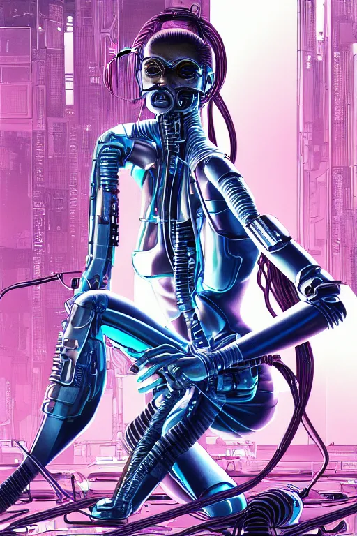 Prompt: a detailed airbrush cyberpunk illustration of a female android seated on the floor in a tech labor, seen from the side with her body open showing cables and wires coming out, by masamune shirow, hajime sorayama, boris vallejo and katsuhiro otomo, japan, 1980s, dark, colorful