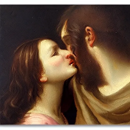 Image similar to an oil panting of a jesus kissing maria maddalena