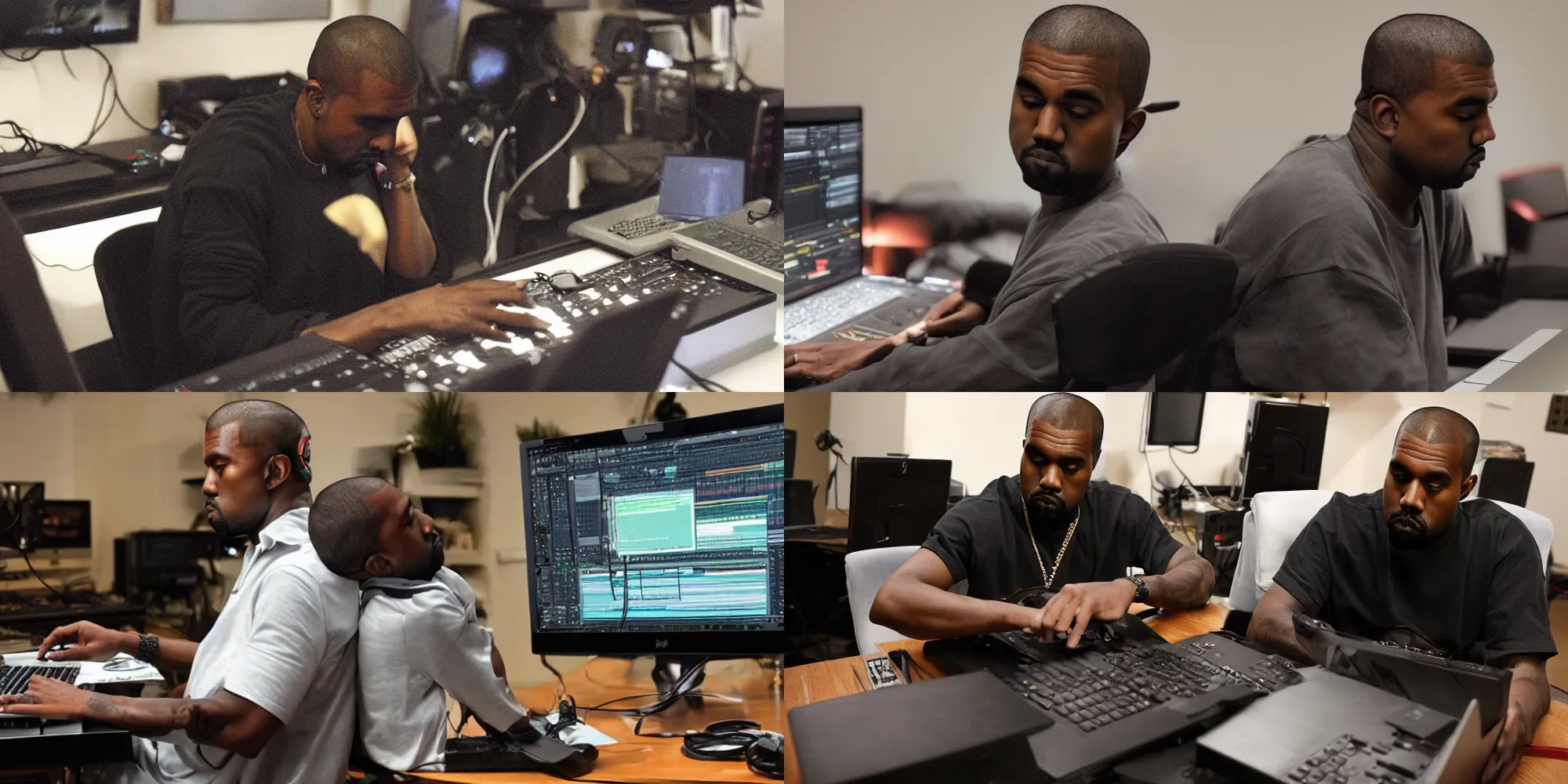 Prompt: Kanye West learning how to use FL Studio on his laptop