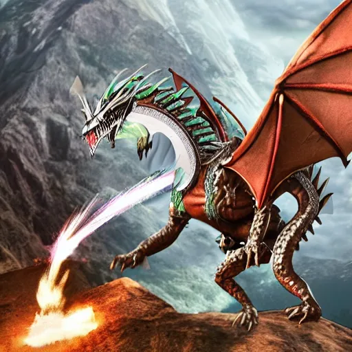 Image similar to a silver dragon wearing jackpack throwing a bomb into the mountain