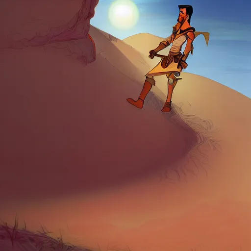 Image similar to bedouin warrior. cursed, wandering the sand dunes in search of oasis. high quality, cartoon, digital painting, by don bluth and ross tran