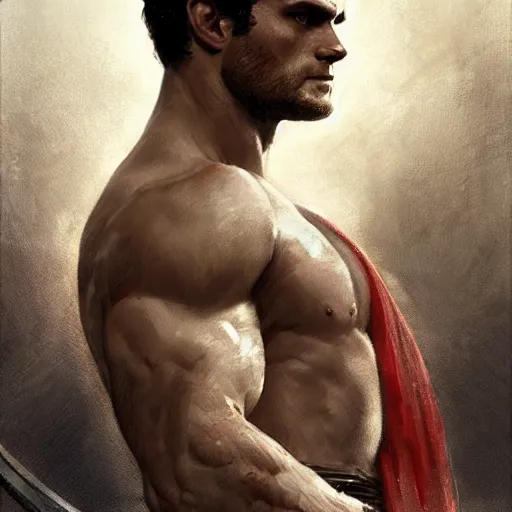 Image similar to Henry Cavill as a Greek gladiator, gorgeous, amazing, muscular, intricate, highly detailed, digital painting, artstation, concept art, sharp focus, illustration, art by greg rutkowski and alphonse mucha