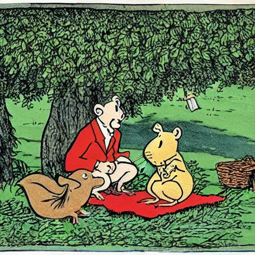 Image similar to “mole and water rat having a picnic under a tree on the river bank, coloured storybook illustration from wind in the willows, by herge (tintin)”