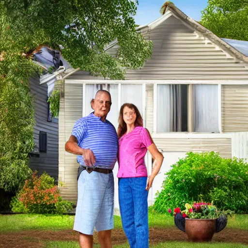 Prompt: a man and a woman around 3 0 years are standing in the backyard of a downtown home. natural faces, realistic colors, detailed photo 8 k