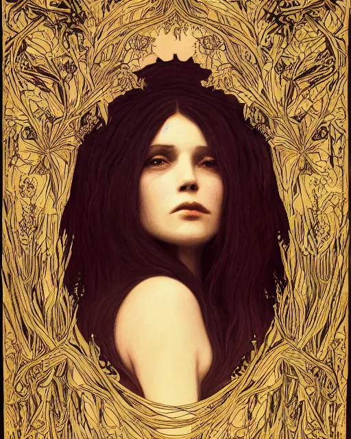 Image similar to a beautiful but sinister and creepy woman in layers of fear, with haunted eyes, violence in her eyes, 1 9 7 0 s, seventies, delicate embellishments, a little blood, woodland, moonlight shining on wildflowers, painterly, offset printing technique, by alexandre cabanel