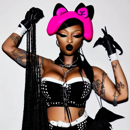 Prompt: Megan Thee Stallion wearing a goth high fashion designed by fashinova, wearing prominent alt inspired makeup, posing modestly for photoshoot, bright lighting, white background, standing pose, full body shots, beautiful detail on the outfit, hello kitty and sanrio keychains, early 2000s inspired, revolutionary