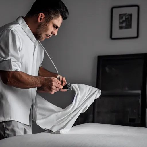 Prompt: a man ironing his collar shirt on a bed, photography, award winning, hyper detailed, dim lighting, 8 k