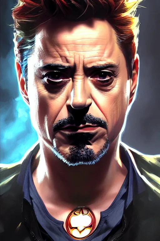 Image similar to robert downey jr as batman, portrait,, highly detailed, digital painting, artstation, concept art, smooth, sharp focus, illustration, cinematic lighting, art by artgerm and greg rutkowski and alphonse mucha