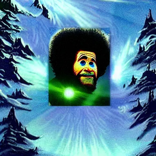 Image similar to Bob Ross Scenery with Robot Alien Snowmen Shooting Laser Beams at Things in the sky. Epic Amazing Insanity. Salvia Droid Joker .