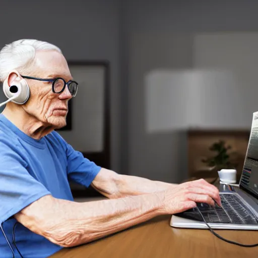 Image similar to A colored colorized real screenshot of Jerma985 as an elderly guy streaming on his computer while wearing headphones, taken in the early 2020s, taken on a 2010s Camera, realistic, hyperrealistic, very realistic, very very realistic, highly detailed, very detailed, extremely detailed, detailed, digital art, trending on artstation, headshot and bodyshot, detailed face, very detailed face, very detailed face, real, real world, in real life, realism, HD Quality, 8k resolution, intricate details, colorized photograph, colorized photon, body and headshot, body and head in view