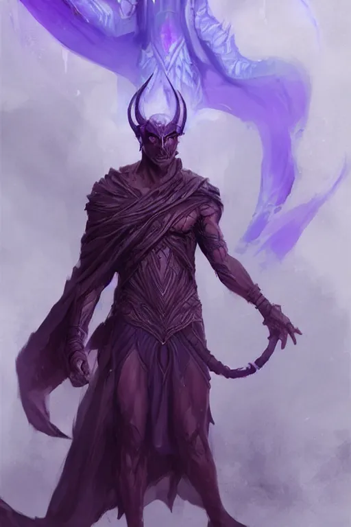 Prompt: djinn man male demon, full body purple cloak, character concept art, costume design, illustration, white horns, warlock, trending on artstation, Artgerm and Greg Rutkowski, WLOP