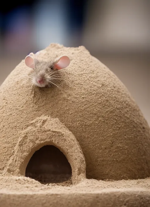 Image similar to wide dslr photo still of a mouse inside a perfect sandcastle, 8 k, 8 5 mm f 1. 4