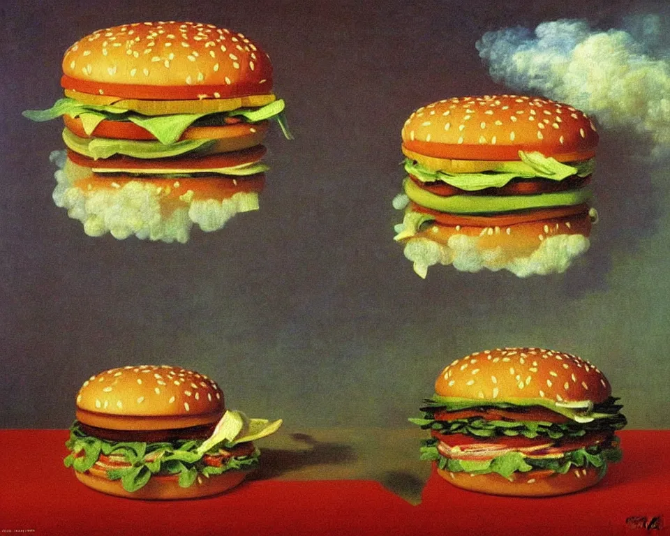 Image similar to achingly beautiful painting of a big mac by rene magritte, monet, and turner. whimsical.