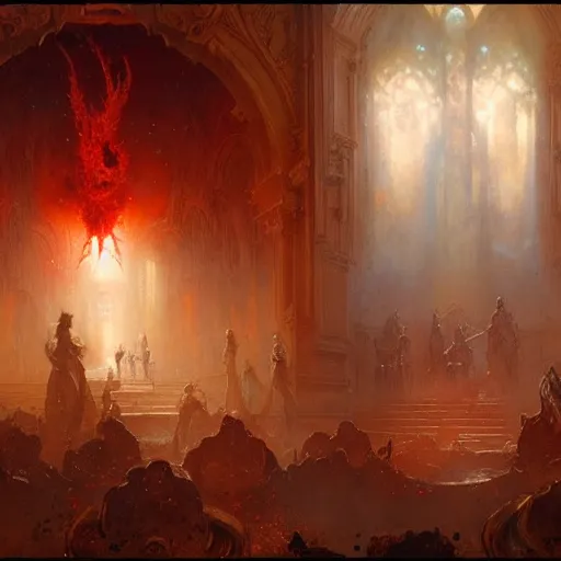 Image similar to a chapel's ceiling is broken in half as a red magical portal from hell opens up there. highly detailed painting by gaston bussiere, greg rutkowski, craig mullins 8 k