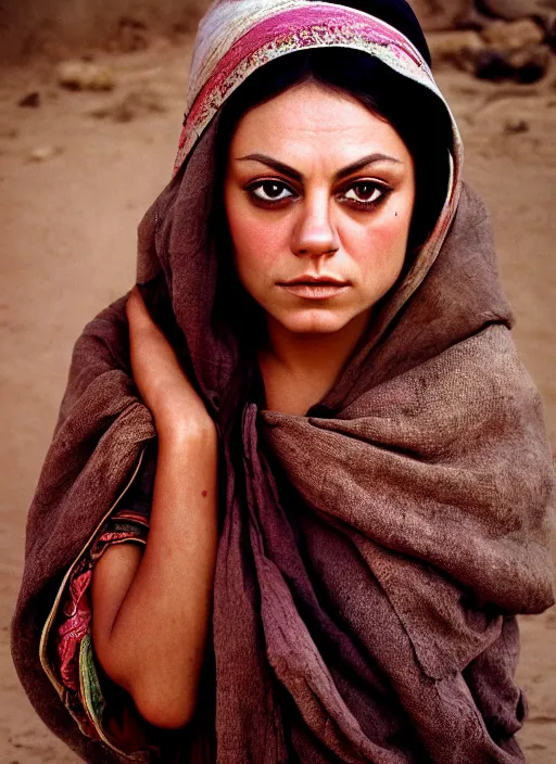 Image similar to portrait of mila kunis as afghan girl, photograph by steve mccurry