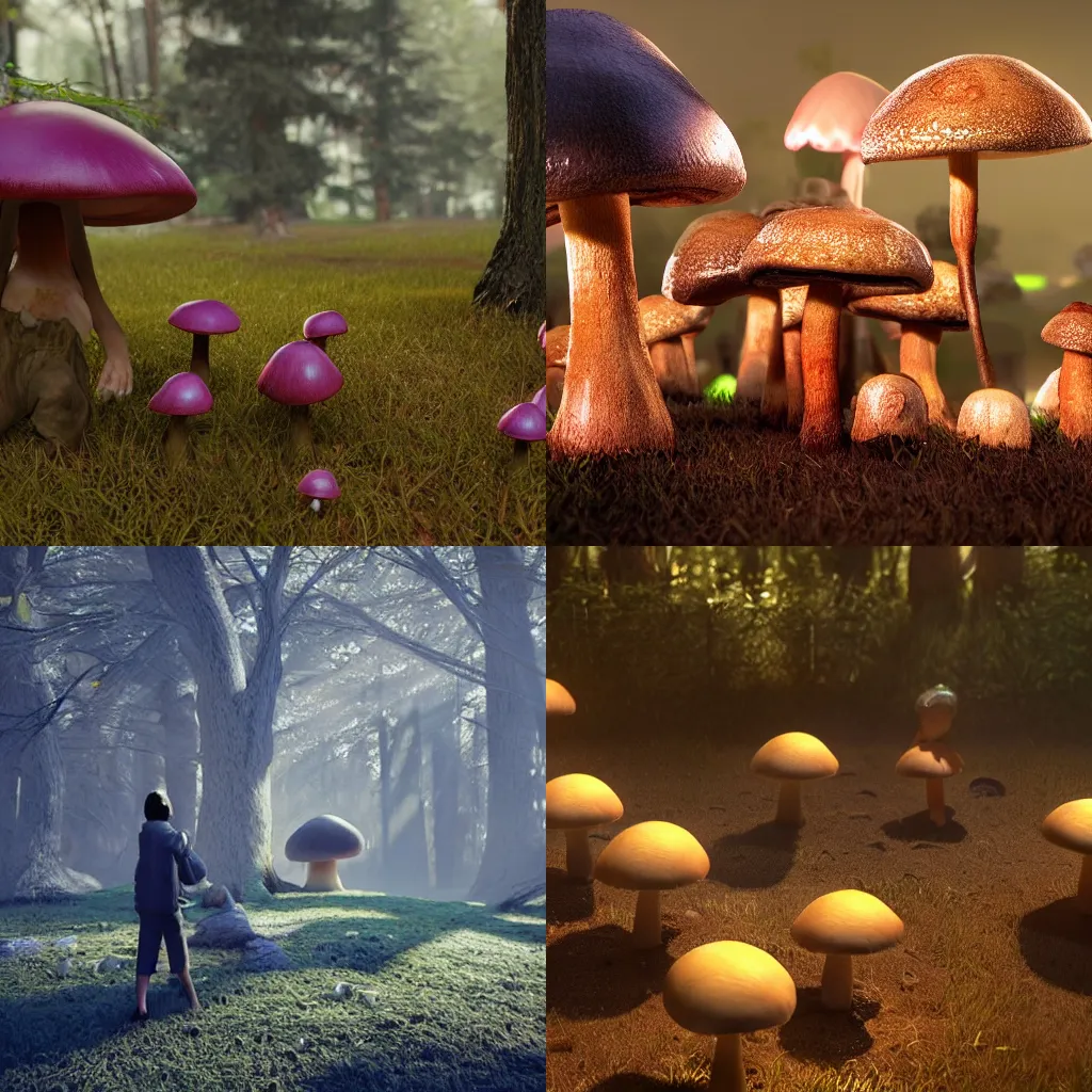 Prompt: mushrooms turning into people, creepy photorealistic cinematic dynamic lighting Unreal Engine 5