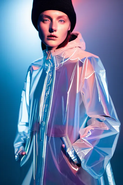 Image similar to an ultra high definition professional high fashion portrait studio full length photograph of a model wearing a transparent pearlescent raincoat and neon visor in an icelandic black rock environment at dawn. no artefacts. extremely detailed. stark. refraction. shallow depth of field. volumetric light and shadow. ray tracing. light rays.