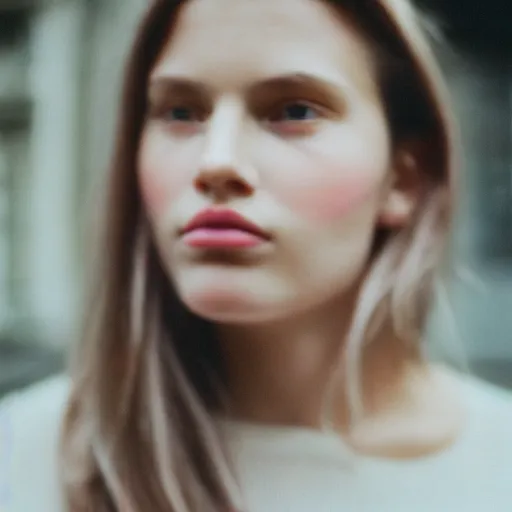 Prompt: analog head and shoulders frontal face portrait photography of a beautiful woman in london. pastel lighting, soft colors. popular on instagram. depth of field. heavy film grain.