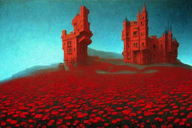 Image similar to only with red, red flowers of different types, a red tiger, a castle in the background, medieval demons dance over the flowers, an ancient path, in the style of beksinski, part by hopper, part by rodcenko, part by hofbauer, intricate composition, red by caravaggio, insanely quality, highly detailed, masterpiece, red light, artstation