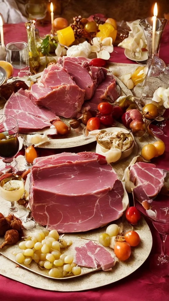 Image similar to vintage 7 0 s food photography of an opulent spread of ham fondue, on a velvet table cloth, dramatic diffused lighting