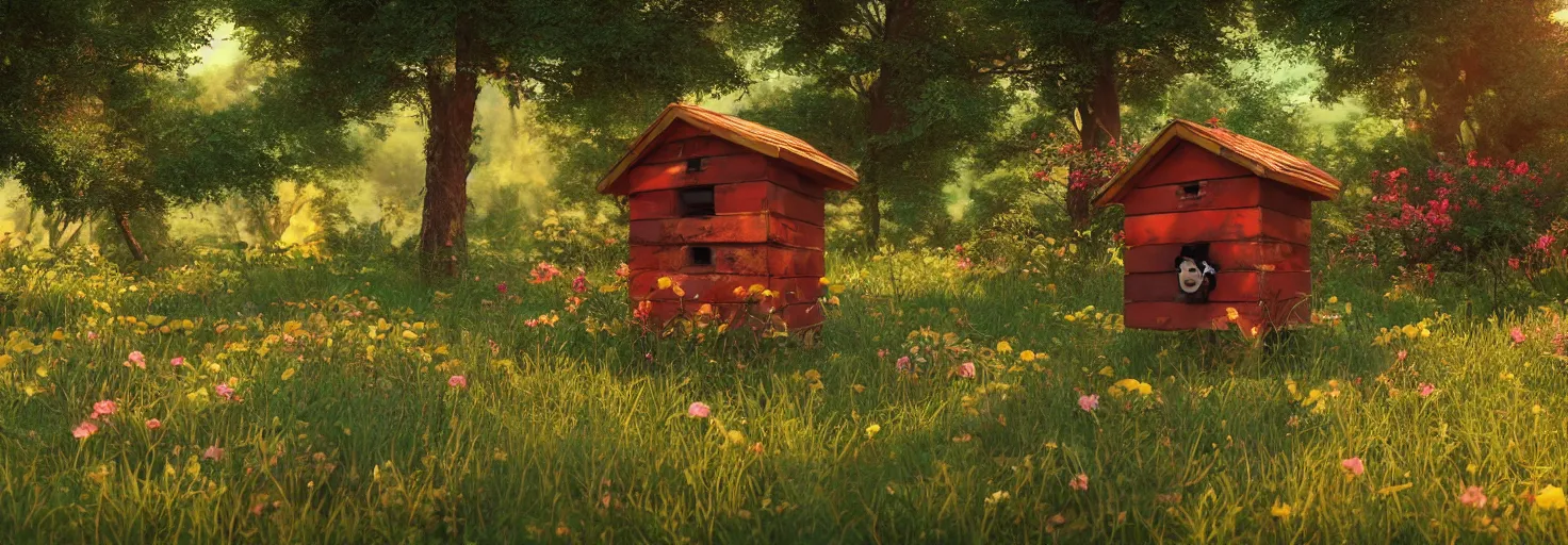 Image similar to crimson - black beehive, large bee hive, in a beautiful forest meadow village landscape, flowers, happy trees, photorealistic, octane render, rtx, hdr, unreal engine, digital art widescreen 8 k, studio ghibli, bob ross, pixar, bee movie, disney