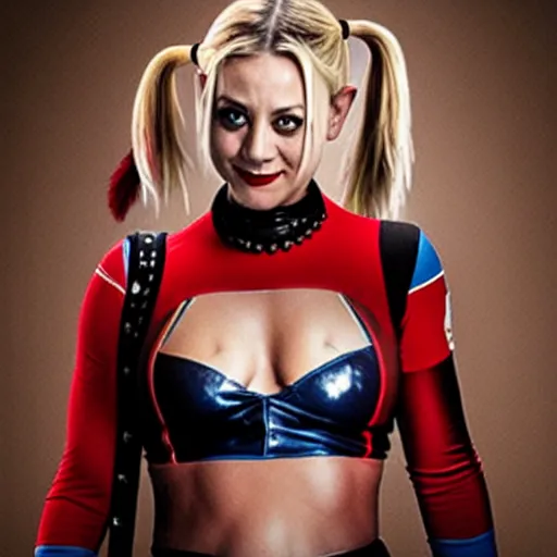 Image similar to A still of Kaley Cuoco as Harley Quinn