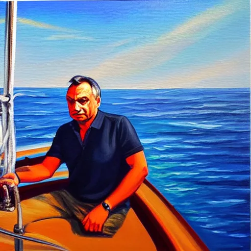 Image similar to viktor orban sailing a yacht, oil painting